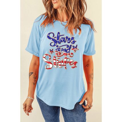 Light Blue Stars and Stripes Graphic July 4th Patriotic Tee