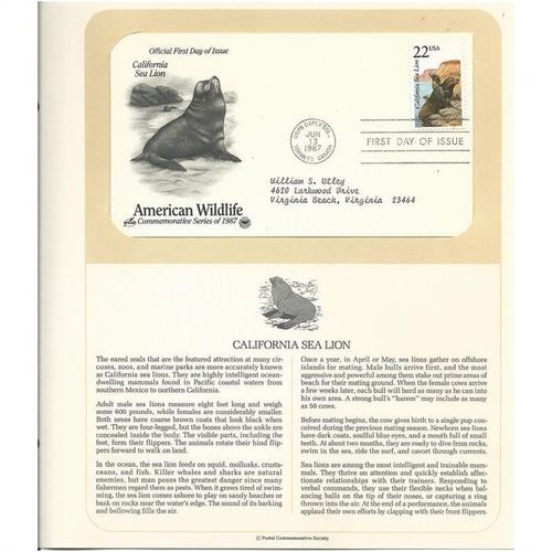 AMERICAN WILDLIFE ' OFFICIAL FIRST DAY of ISSUE ' CALIFORNIA SEA LION (1987)
