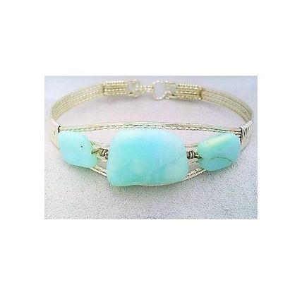 Blue Opal Silver Wire Wrap Gemstone Bangle Cuff Bracelet Sz. 7.5