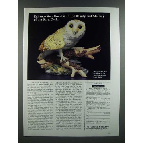 1986 The Hamilton Collection Ad - Barn Owl Majestic Owls of the Night Sculpture