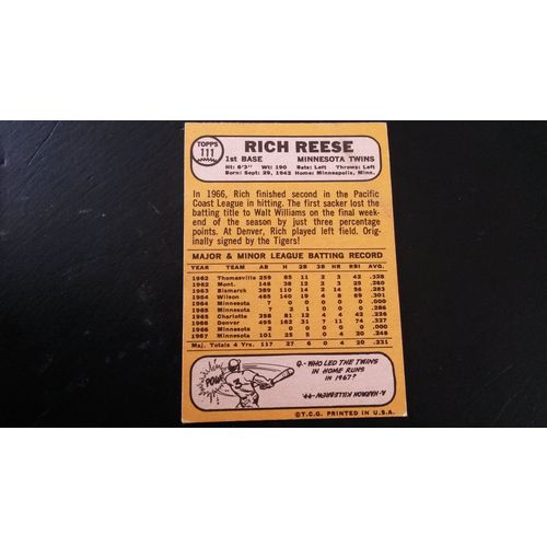1968 Topps Card # 111 Rich Reese Very Good (3) Minnesota Twins