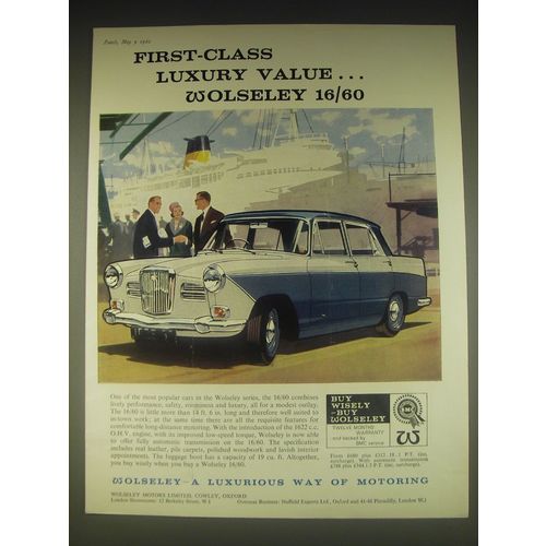 1962 Wolseley 16/60 Car Ad - First-class luxury value.. Wolseley 16/60