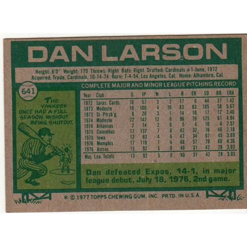 1977 Topps baseball card 641 Dan Larson - Astros