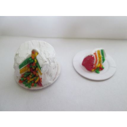 DOLLS HOUSE MINIATURE FOOD RAINBOW CONFETTI CAKE AND SLICE - 12TH SCALE Handmade