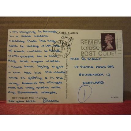 NEW POLZEATH FROM TRISTRAM, CORNWALL.. used postcard. 1977 pm Camel Cards /