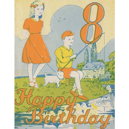 Happy 8th Birthday Antique Fishing Greetings Card