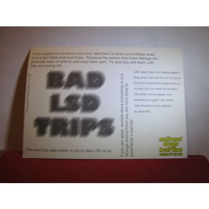 NATIONAL DRUGS HELPLINE, LSD TRIPS, advertising unused postcard dated 1996 #