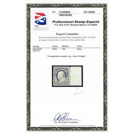 475, Mint VF NH 15¢ With PSE Certificate - Stuart Katz