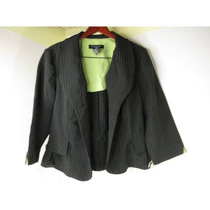 Perceptions New York 3-Piece Pants Vest Suit Green Black Striped Business Sz 18