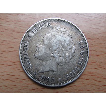 1894 Spain Alfonso XIII Silver 5 Pesetas Coin