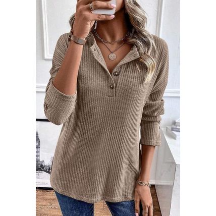Pale Khaki Rib Textured Henley Knit Top