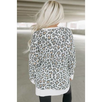 White Printed Solid Trim Leopard Print Top