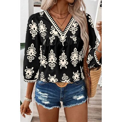 Black Vintage Geometric Printed 3/4 Sleeve V Neck Blouse