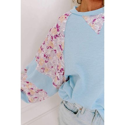 Beau Blue Textured Floral Patchwork Balloon Sleeve Blouse