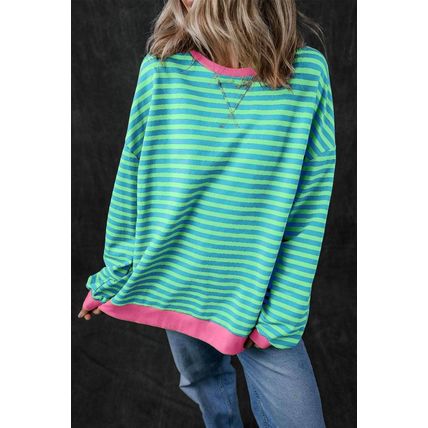 Sky Blue Stripe Oversized Contrast Trim Pullover Sweatshirt