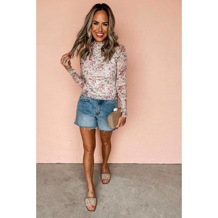 Pink Floral Long Sleeve High Neck Sheath Mesh Blouse