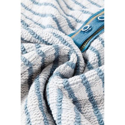 Sky Blue Stripe Textured Frilly Trim Buttons Henley Long Sleeve Top