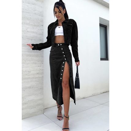 Black Button Fly Side Split High Waist Denim Midi Skirt