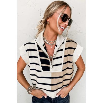 Black Stripe Colorblock Quarter Zip Collar Sweater Vest