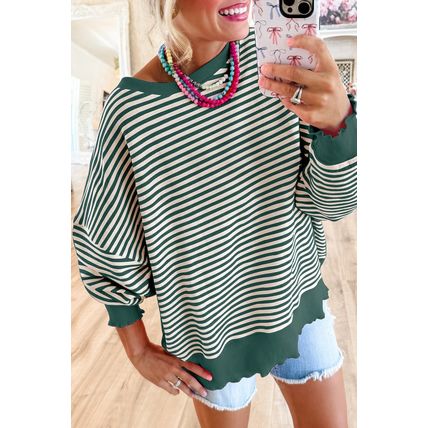 Green Stripe Loose Drop Shoulder Long Sleeve Top