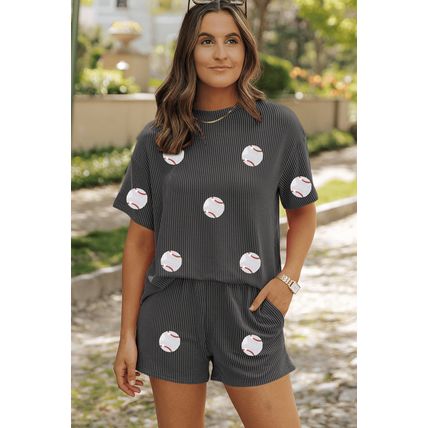 Carbon Grey Baseball Patched Twisted Rib T Shirt and Shorts Set