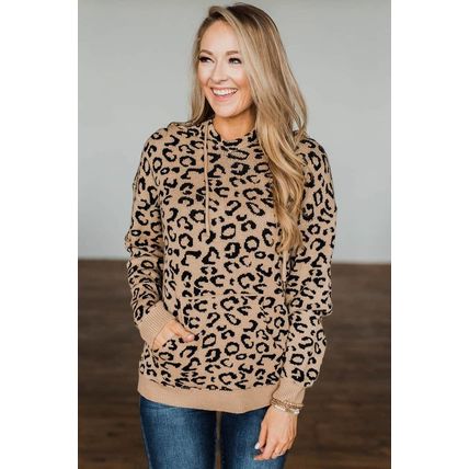 Khaki Leopard Knitted Drawstring Hooded Sweater