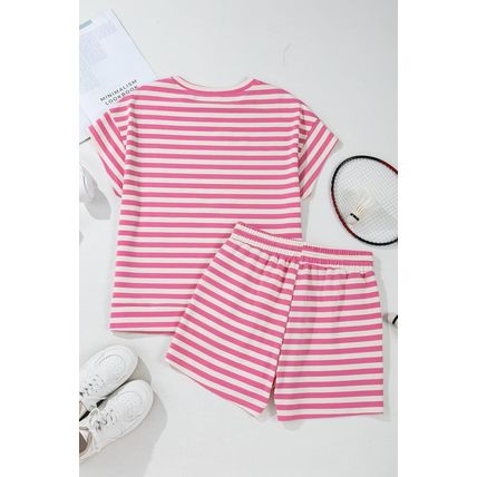 Rose Stripe Crew Neck T Shirt and Drawstring Shorts Set