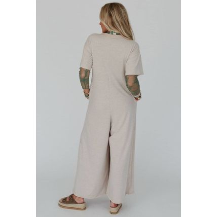 Beige Half Placket Chest Pockets Short Sleeve Wide Leg Jumpsuit