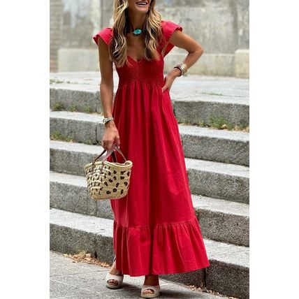 Fiery Red V Neck Flutter Sleeve Smocked Bodice High Waist Ruffle Maxi Dress