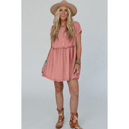 Dusty Pink Corded Knit Textured Patched Pocket Frilled Swing Mini Dress with Poc