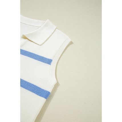 Sky Blue Stripe Split V Neck Collared Ribbed Sweater Vest