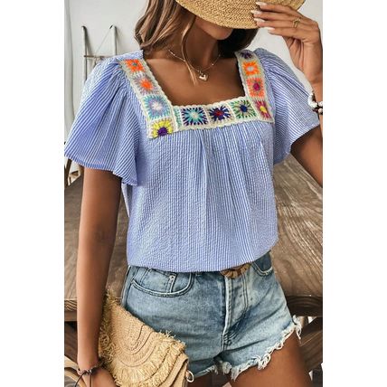 Sky Blue Stripe Textured Ruffle Short Sleeve Boho Detail Square Neck Blouse