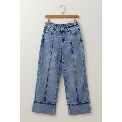 Myosotis Center Seam Cuffed Hem Straight High Waist Jeans