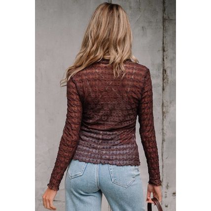 Coffee Sheer Mesh Patterned Lettuce Trim Slim Long Sleeve Top