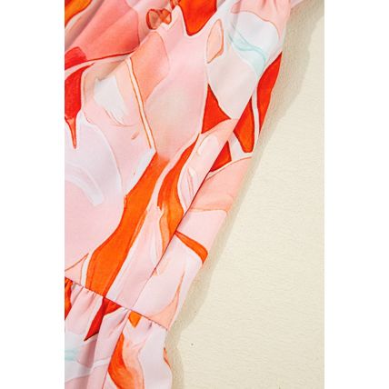 Orange Abstract Print Split Neck Long Sleeve Dress