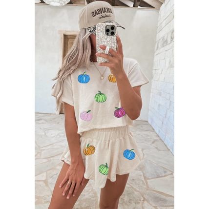Beige Multicolor Sequin Pumpkin Cropped Tee Loose 2pcs Skort Set