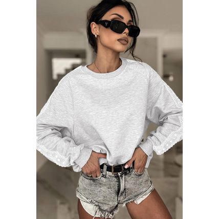 Light Grey Lace Patchwork Raglan Sleeve Crew Neck Sweatshirt