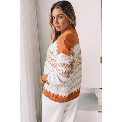 Khaki Zigzag Geometric Pattern Knitted Pullover Sweater