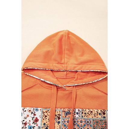 Flamingo Mix Floral Patchwork Side Slit Drawstring Hoodie