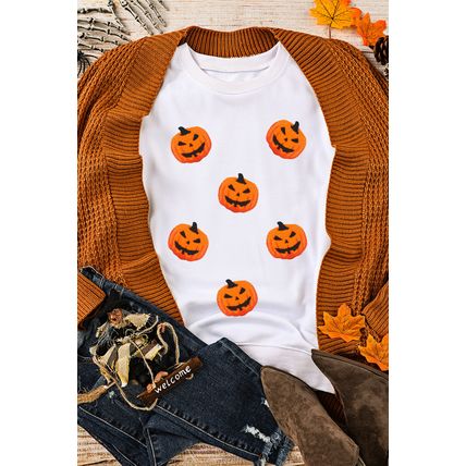 White Pumpkin Face Patched Pattern Halloween Crew Neck Sweatshirt