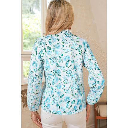 Sky Blue Floral Print Frilled Trim Tie Neck Elastic Cuffs Long Sleeve Blouse