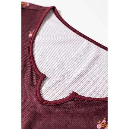 Burgundy Notched Neck Floral Print Ribbed Long Sleeve Top