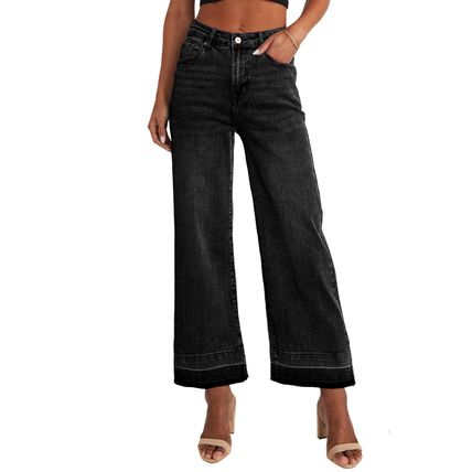 Black Raw Hem Straight Leg Loose High Waist Jeans