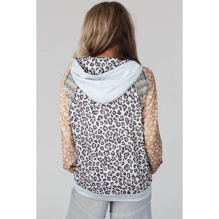 Multicolor Leopard Floral Patchwork Drawstring Hoodie