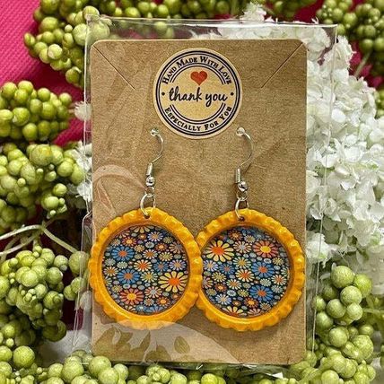 Floral Blues Bottle Cap Retro 60's Dangle Fish-hook Earrings Handcrafted