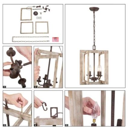 LNC Wood Chandelier Farmhouse Brown Candlestick 4-Light Geometric Island Linear