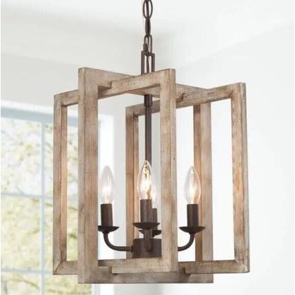 LNC Wood Chandelier Farmhouse Brown Candlestick 4-Light Geometric Island Linear