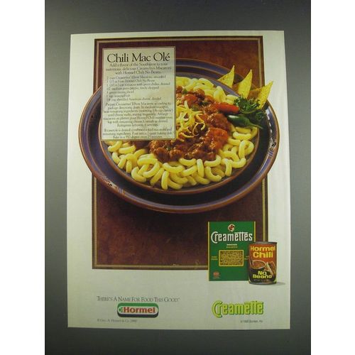 1991 Creamettes Macaroni and Hormel Chili Ad - Recipe for Chili Mac Ole