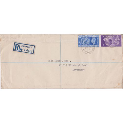 GB 1948 Registered letter from Oban to Inverness unopened with 2 Olympic stamps