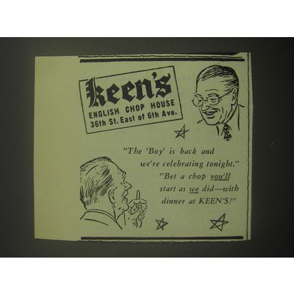 1945 Keen's English Chop House Ad - The Boy is back and we're celebrating